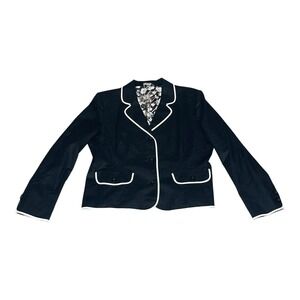 Neiman Marcus Exclusive Black Linen Blend Blazer Womens 16 White‎ Trim Floral